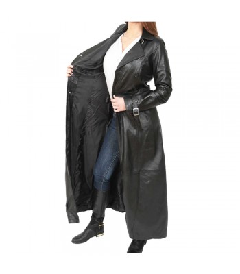 Women Gothic Long Black Leather Coat Double Breasted Trench Coat Motorbike Coat